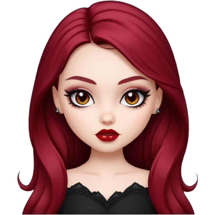 pale skin, girly bratz baddie, beautiful dark brown eyes, sharp black eyeliner, long dark red hair emoji