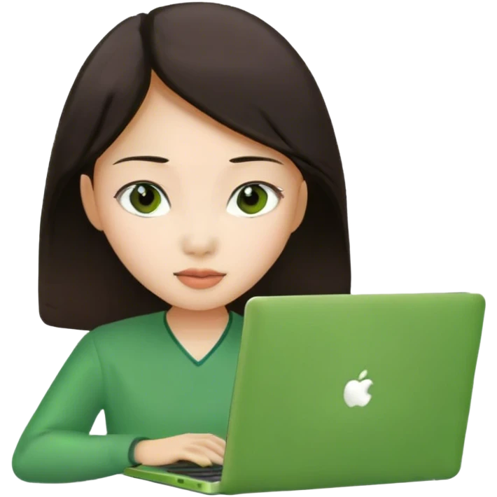 Long brunette Asian girl with green laptop  emoji