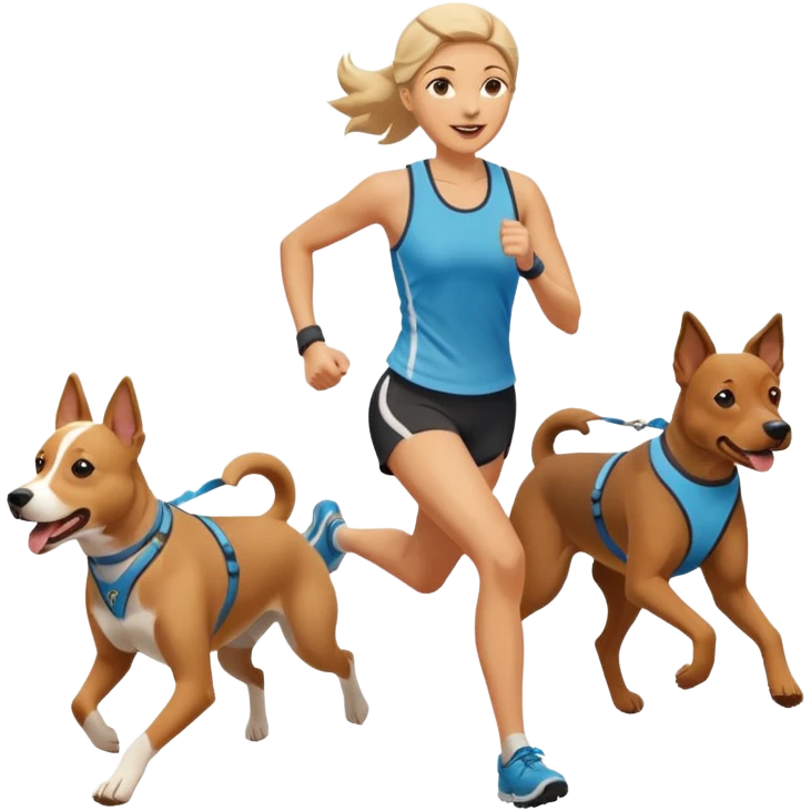 woman running canicross, two dogs attached, happy emoji