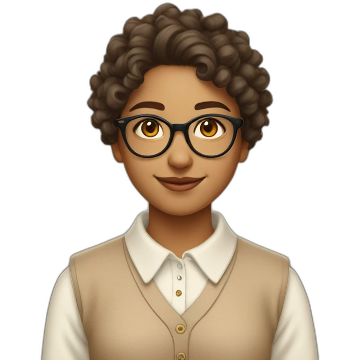 smiling indian teenage girl with curly hair and glasses wearing a collared long sleeve white shirt under a beige v shaped collar sweatervest with no buttons emoji