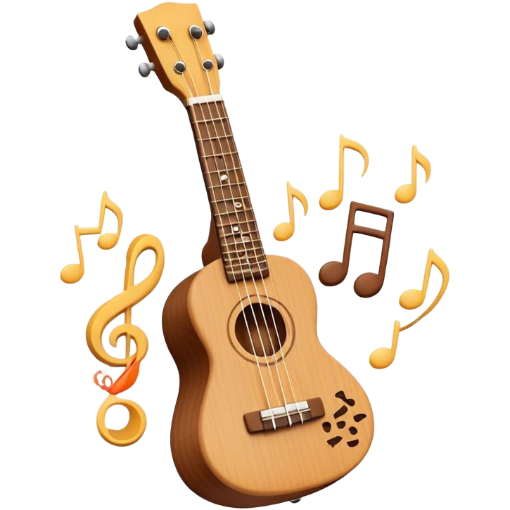 Create a cheerful and compact emoji representing a ukulele. The design should feature the small, wooden body of the ukulele with its smooth curves and visible strings. Highlight the sound hole and fretboard with subtle detailing to show the instrument’s craftsmanship. The wooden finish should be light, such as honey or natural wood tones, with dark accents for the fretboard and bridge. Add musical notes or soundwaves floating around the ukulele to evoke its bright, happy sound. The background should be transparent. emoji