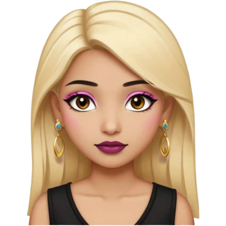 Sweet Indian girl blonde hair darkbrow eyes brown lipstick, pink blush, black top gold earrings, brown eyebrows gold eyeshadow  emoji