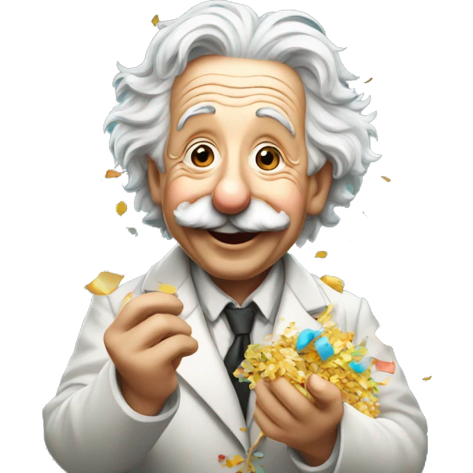 happy albert einstein holding confetti in one hand emoji
