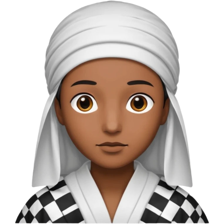 Una persona morena que solo se le vea la cara con una bata de arabe en la cara color blanco con cuadros negros en la cabeza  emoji