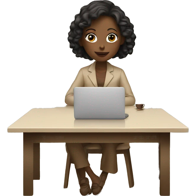 A girl at a table with a laptop with a cup of coffee in beige tones emoji