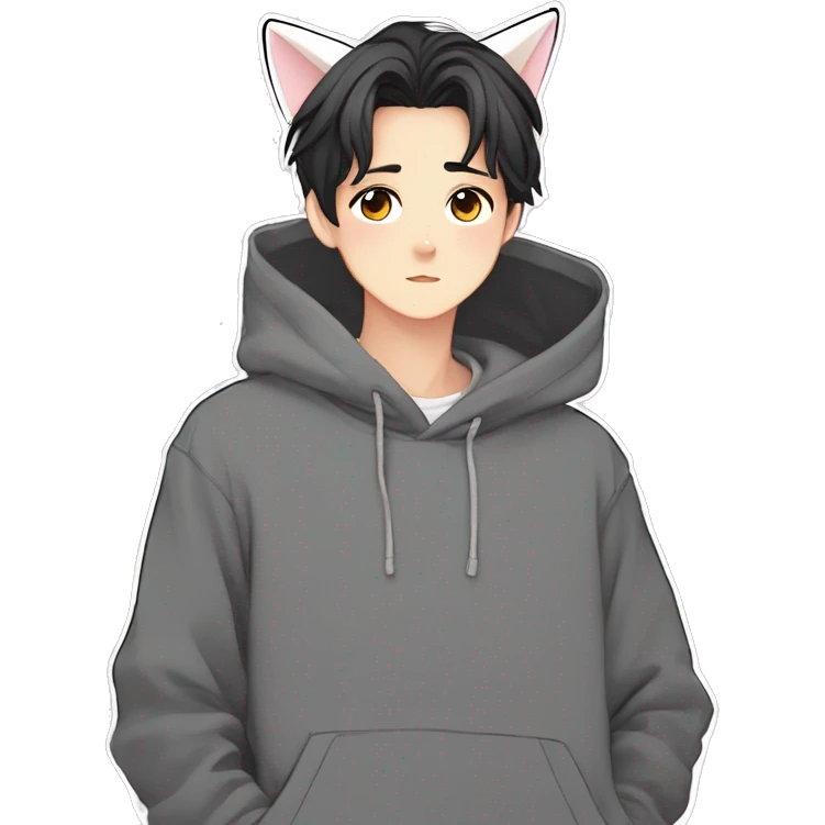 Gorgeous anime style Asian shojo guy with cat ears and blushing face and hoodie aesthetic trending style outside emoji