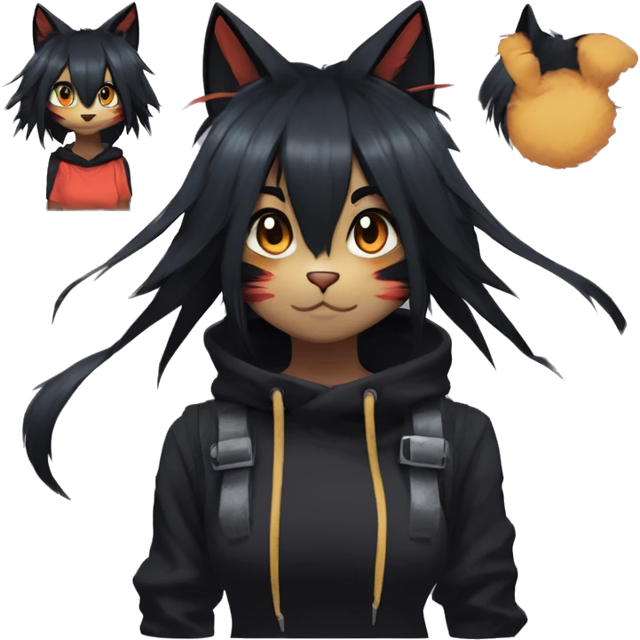 Edgy Shy Anthro boyish cool pretty dark black Litten-Pokémon-cat-fursona-animal techwear ponytail emoji
