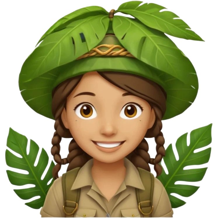 a young female explorer with jungle wearing a large leaf headgear bye and magnificer  emoji