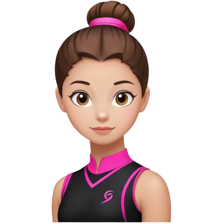 A female gymnast with brown hair in a neat bun, wearing a black uniform with neon pink elements. emoji