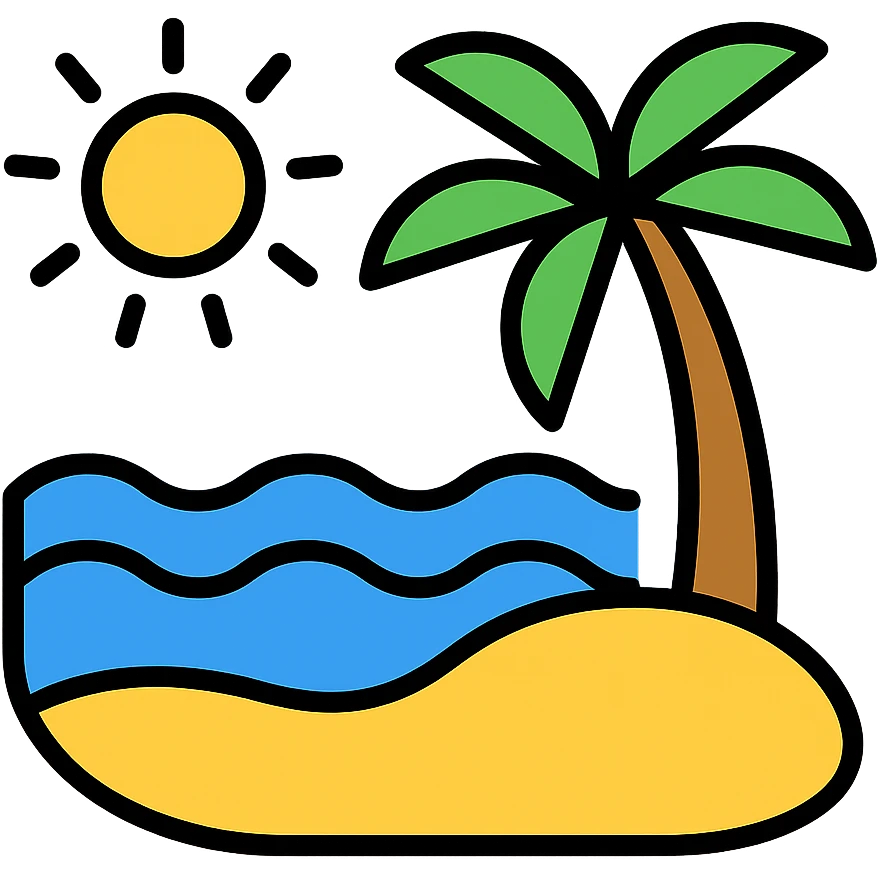 color outline icon of a beach with sun and palm emoji
