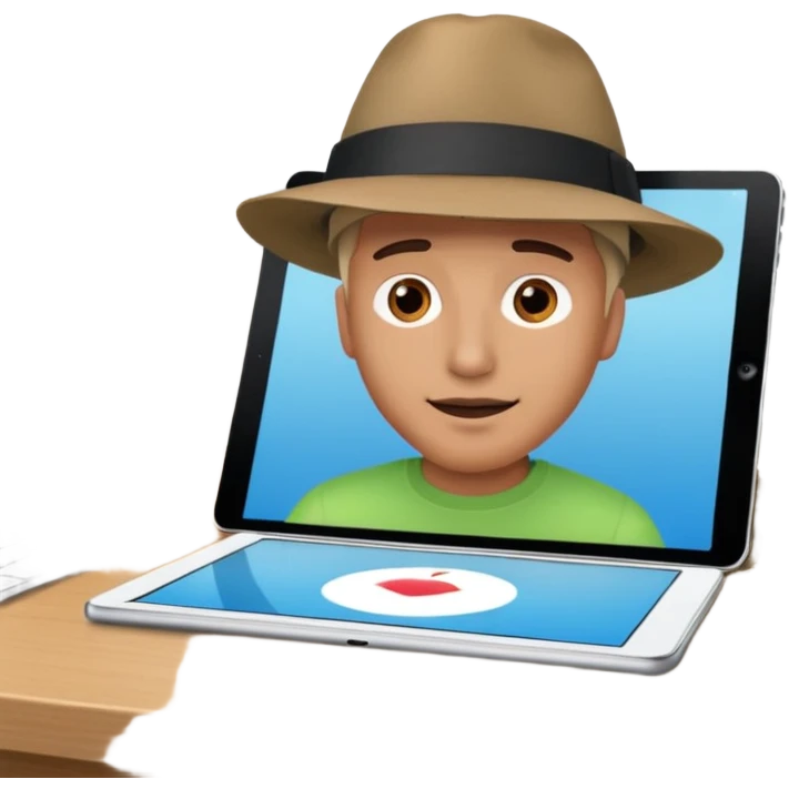 An iPad lying on a desk. On the iPad screen, a video is playing. The video shows a man talking to camera.  emoji