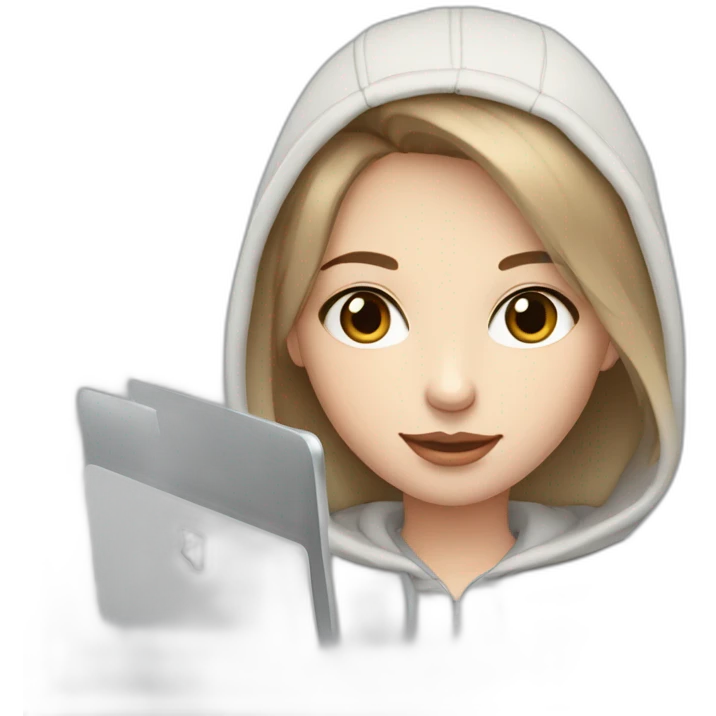 girl with computer,beautiful girl with short hair with computer,blue eyes,white skin, makeup, hoodie,short light-brown hair emoji
