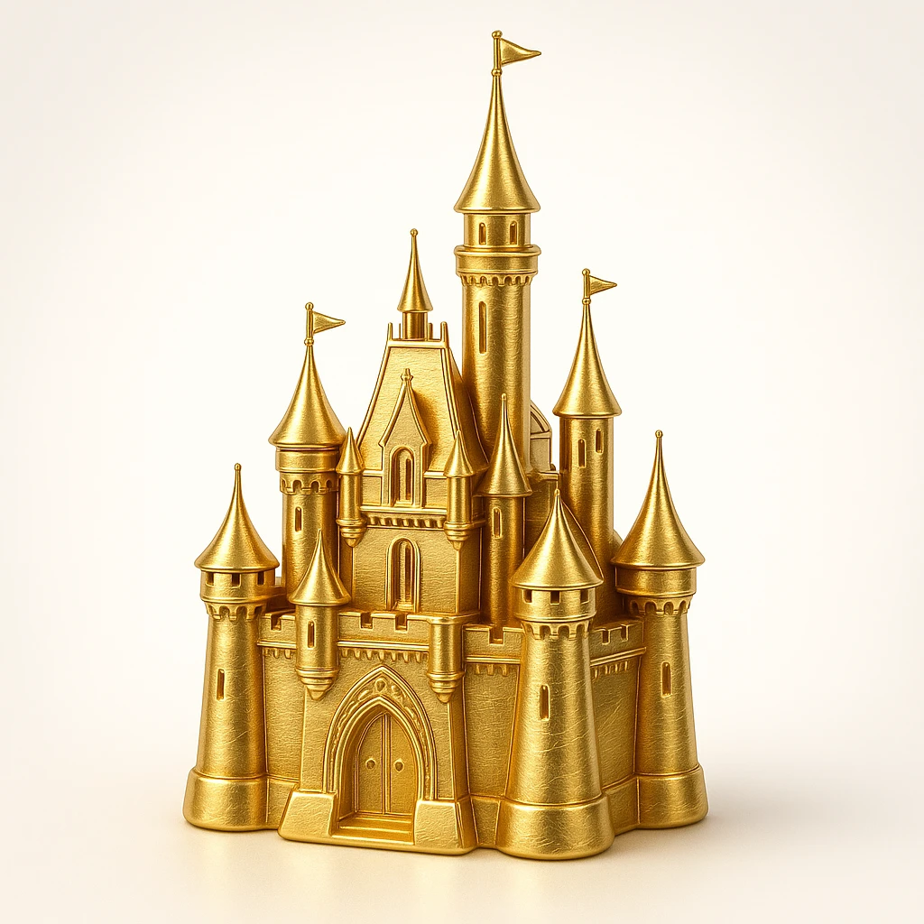 golden Disney castle, stylized, magical glow, gold tones, no text emoji