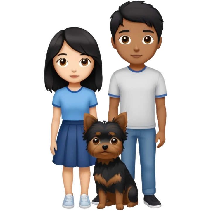 A couple holding a small Yorkshire Terrier together. The girl is Asian with long, luscious wavy black hair (loose, no hair tie). She is standing beside her boyfriend, a brown-skinned man with a short middle part haircut emoji