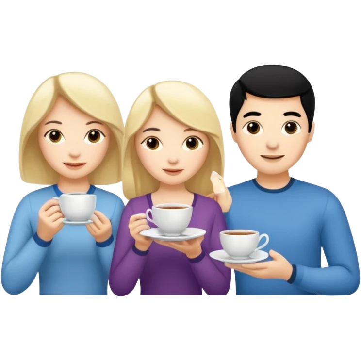 One blond white woman, one black hair white woman and one blond white man with tea cups each emoji