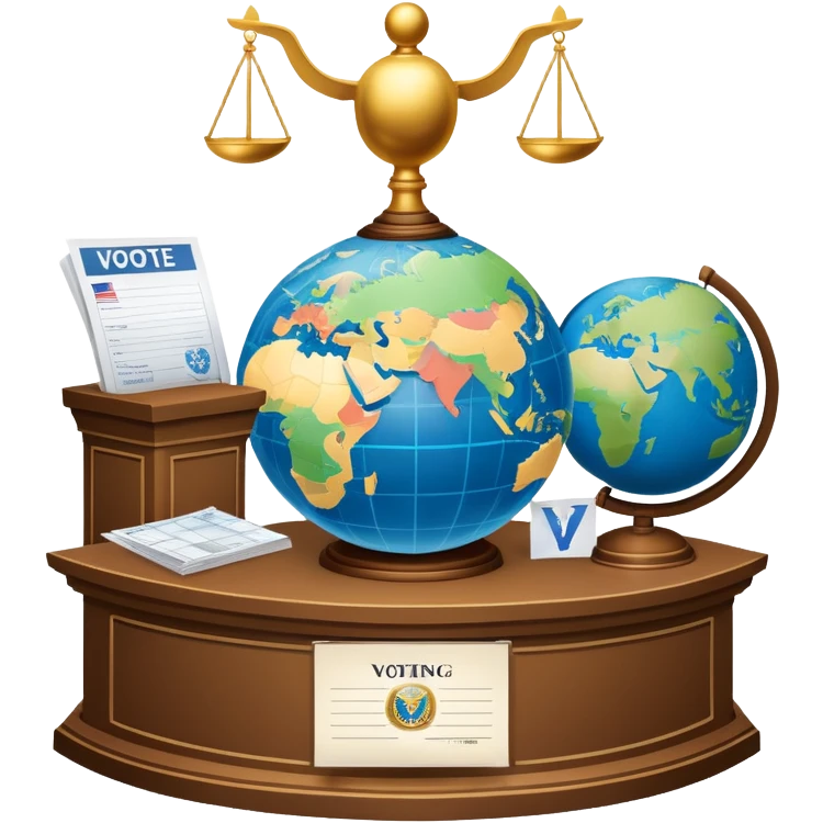 An icon featuring a podium with a speaker, a ballot box with a voting slip, and a globe, symbolizing political science. The design includes scales of justice and a world map in the background, representing governance and global politics. Transparent background highlights political analysis. emoji