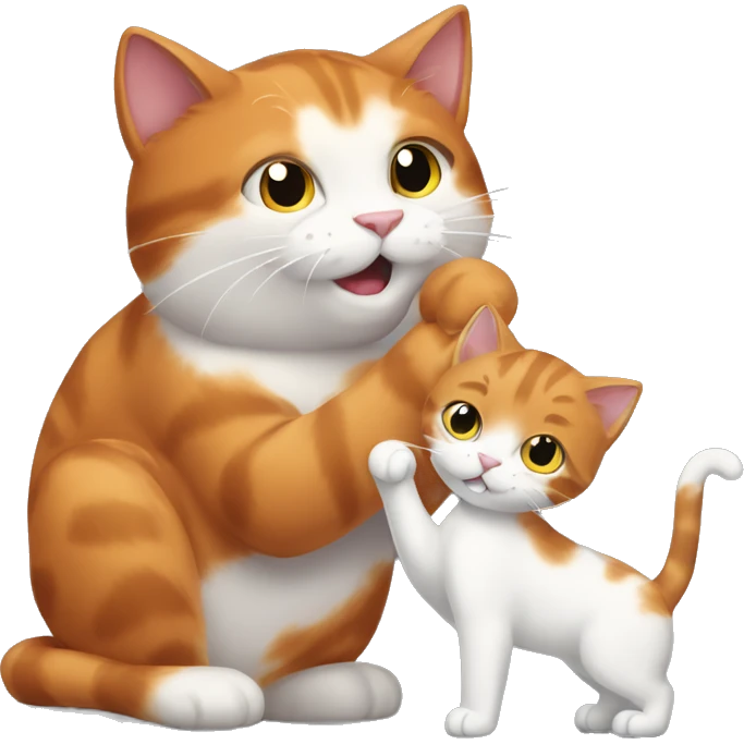 A big red cat playing with a small white-gray kitty emoji