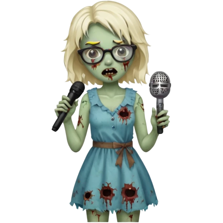 singer, Zombie girl, super happy, wearing dress, holding mic, glasses emoji