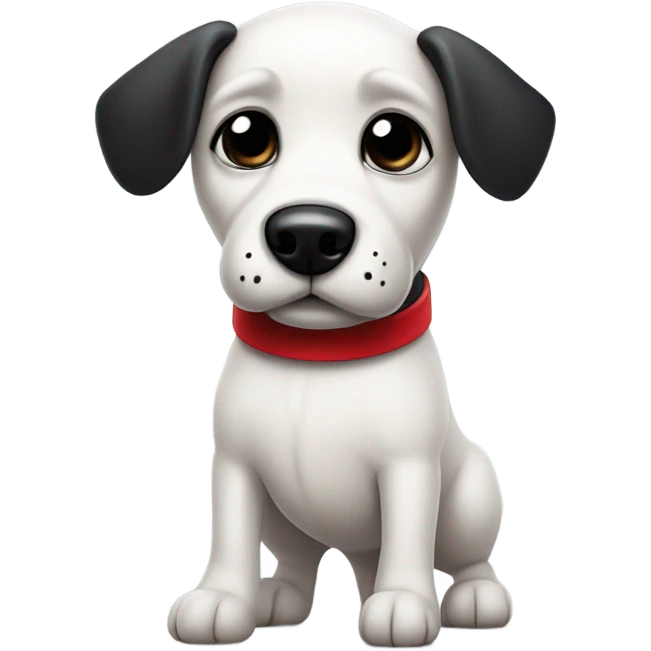 A cute white dog with black ears and a black splotch marking on its back with a red collar and it’s standing up emoji