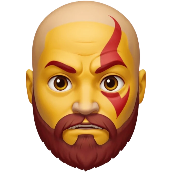 Kratos from God of War as a yellow emoji, classic round yellow face, bald head, red tattoo, beard, stern expression emoji