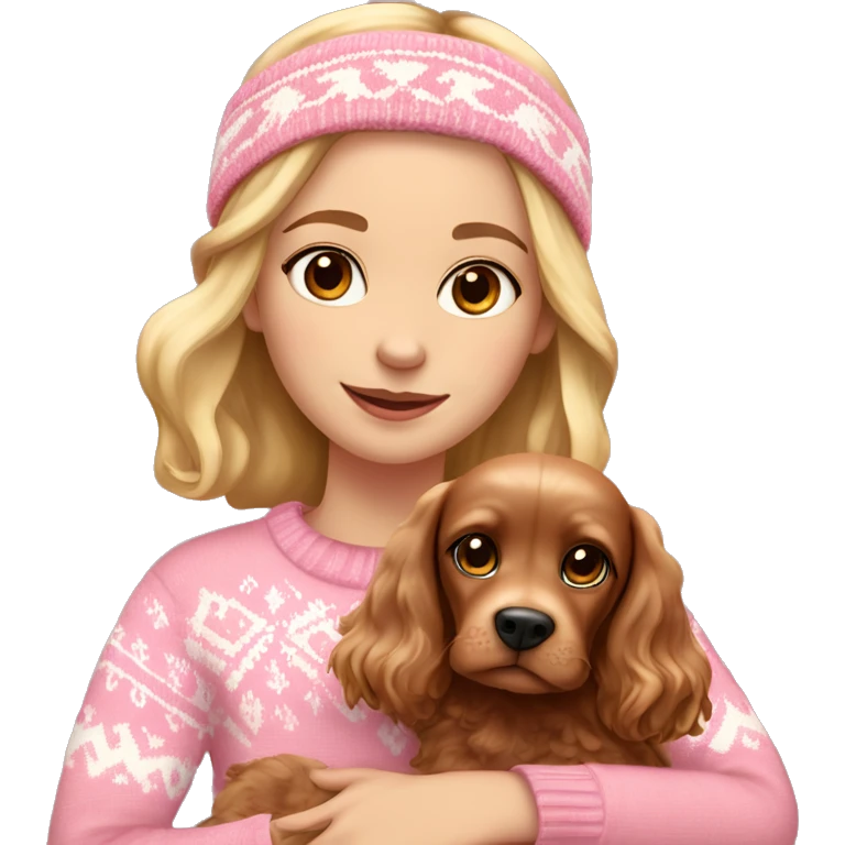 A beautiful blonde girl with brown eyes wearing a pink fair isle jumper and pink headband. She’s holding a brown cocker spaniel in her arms. emoji