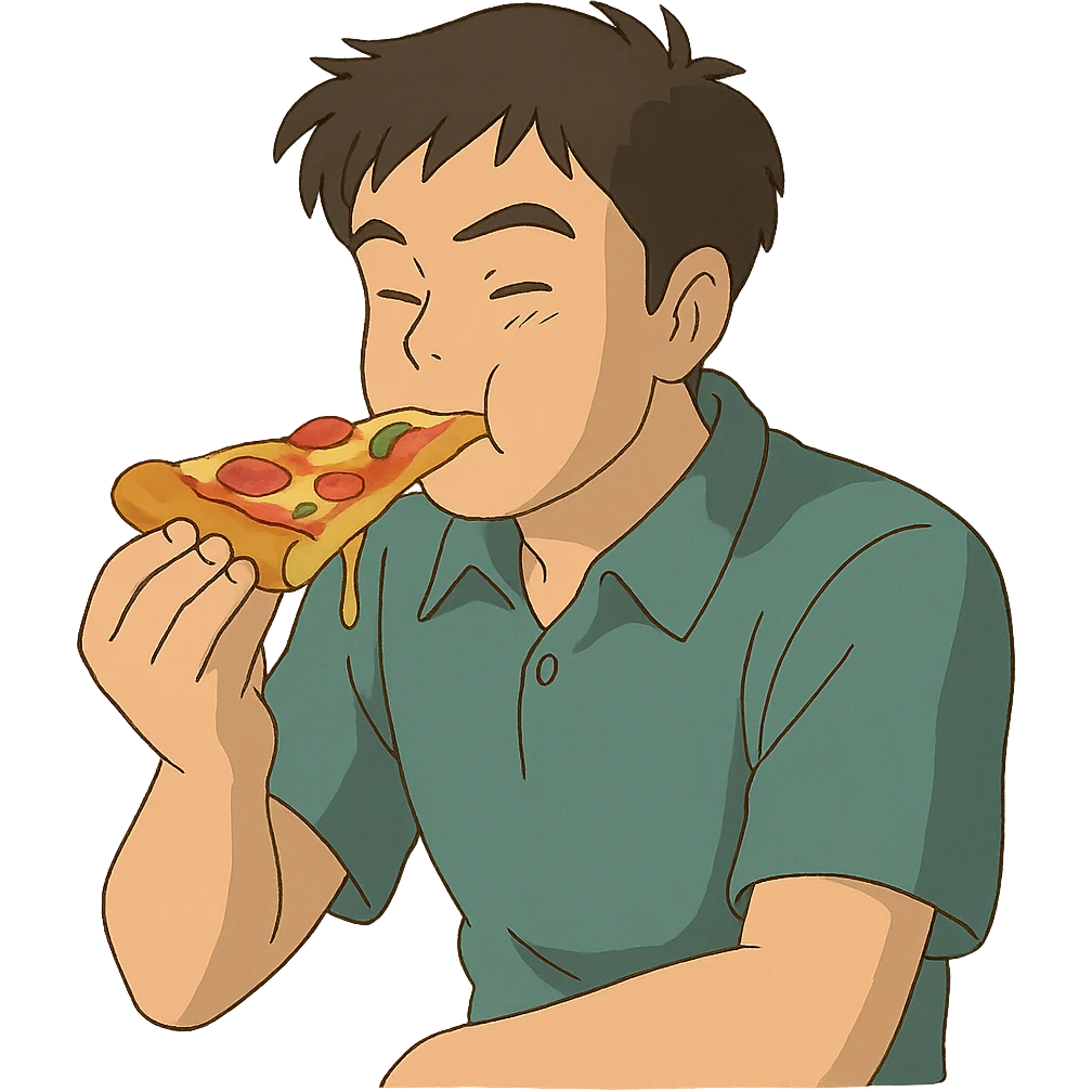 ghibli style man eating pizza emoji