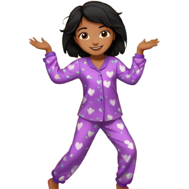 generate a pretty bratz brown skinned girl with messy black hair in pyjamas dancing in room emoji