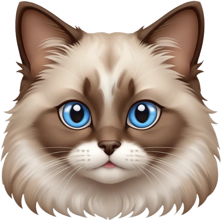 cinematic-fluffy-brown-ragdoll-cat-portrait-emoji,-head-tilted-cutely-with-big,-sparkling-blue-eyes,-soft-brown-and white-colored-fur-with-darker-points-on-the-ears,-face,-and-paws,-simplified-yet-irresistibly-adorable-features, emoji