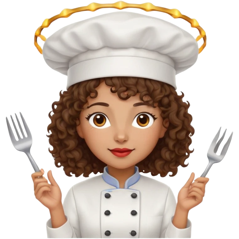 Mixed-race female chef with medium-length curly brown hair, wearing a chef's hat (toque), with both an angel halo and devil horns on her head emoji