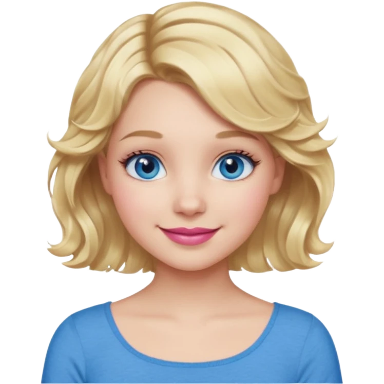 Girl Blonde short wavy hair,  blue eyes, cute blue top, long lashes, pink lips, smiling, one hand 🤷🏼‍♀️  emoji