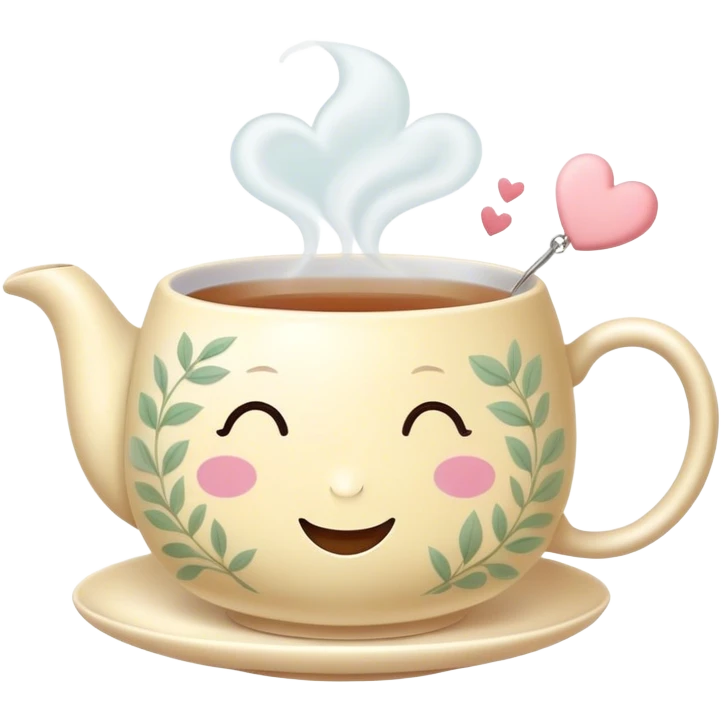 Cute Kawaii Tea Cup, steaming with warmth, a charming smiling face, soft pastel tones, delicate floral patterns, a tiny heart-shaped tea bag tag, cozy and inviting! emoji