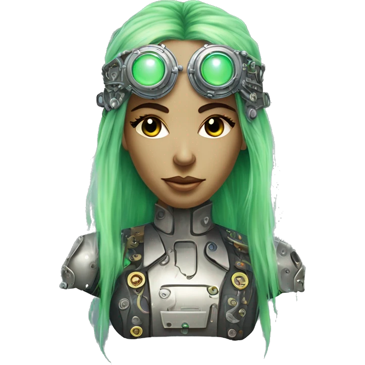 Light green long hair female cyborg head with silver steampunk headband goggles, circuits emoji