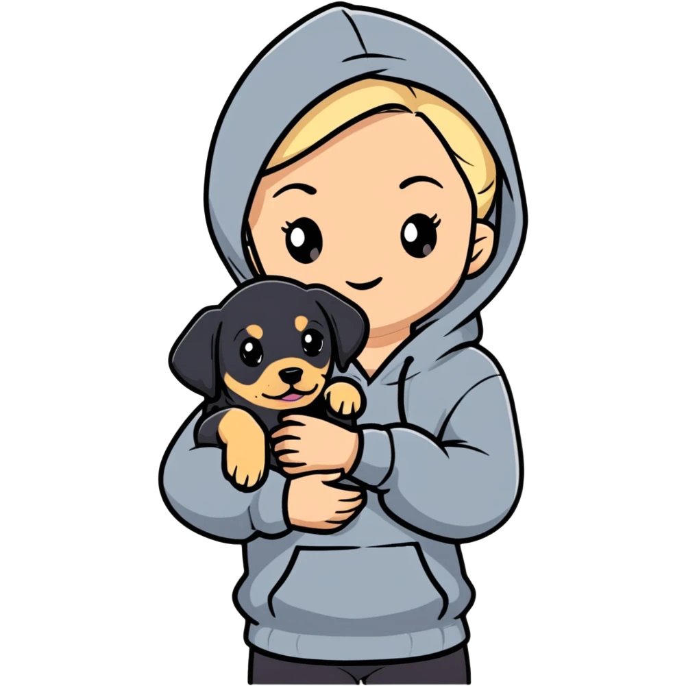 Blonde girl with smooth hair and a center part, light skin with freckles, wearing a hoodie and carrying a black baby labrador puppy in her arms emoji