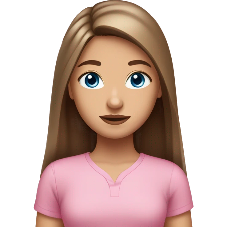 A girl with grey blue eyes, and long brown straight hair, and a middle part, and pink shirt, and medium fair skin emoji