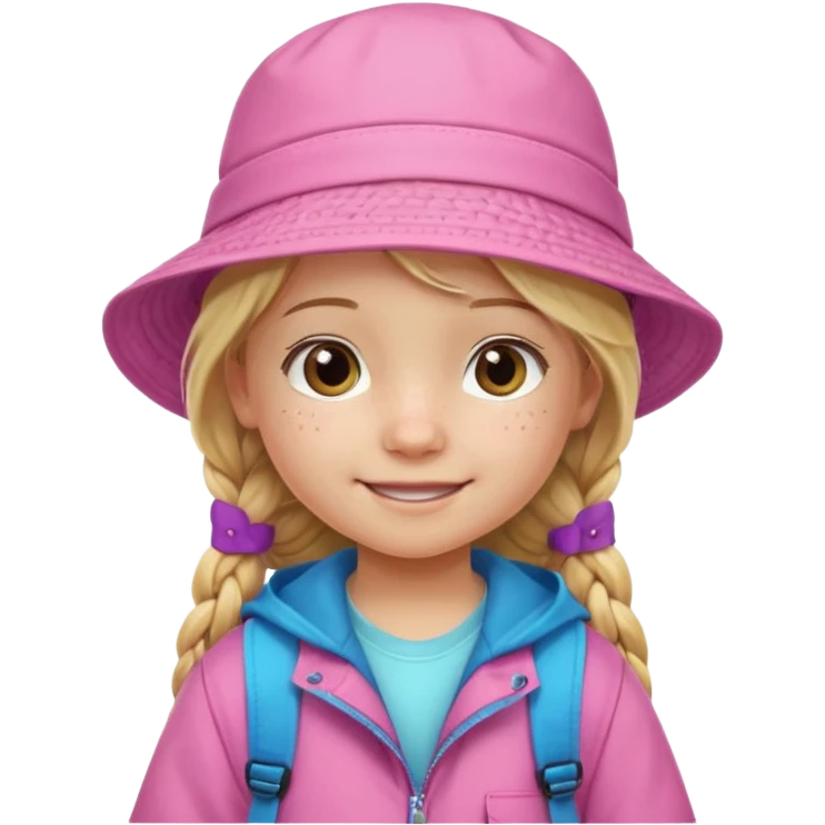 Little girl kid student, long braid blonde, wears pink bucket hat and jacket, backpack, happy emoji