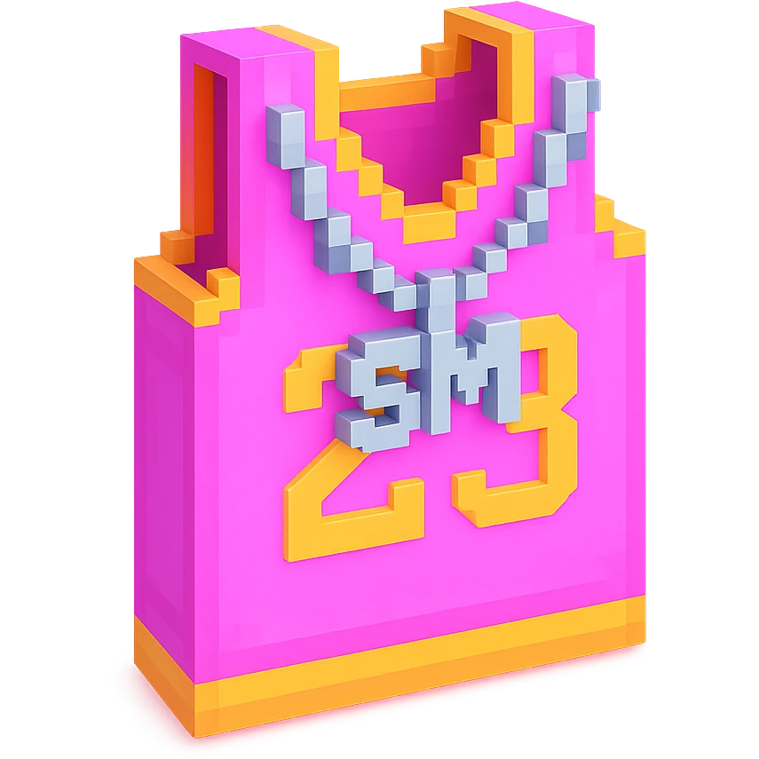 светящейся розовая баскетбольная майка с надписью "23" и серебряная цепь с надписью "SM", no background emoji