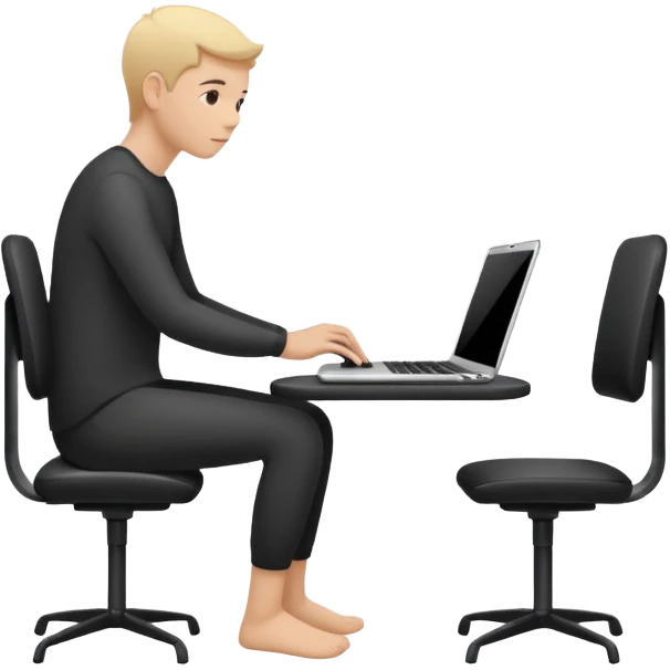 Minimalistic flat vector icon, iOS style, thin black contour on white background. Person silhouette sitting with a laptop, code brackets <> on the screen. Clean, no te emoji