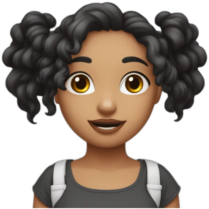 Una chica con dos coletas marrones con orejas de lobo ojos marrones una camiseta de manga corta de color negra con una media luna en medio y mangas de rallas blancas y negras emoji