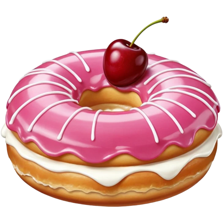 Round donut with smooth shade pink icing and thin white drizzle lines, golden-brown dough visible on the sides.
White whipped cream dollop in the center topped with a glossy red cherry and stem, clean studio lighting, pure white background, realistic minimal emoji-style. emoji