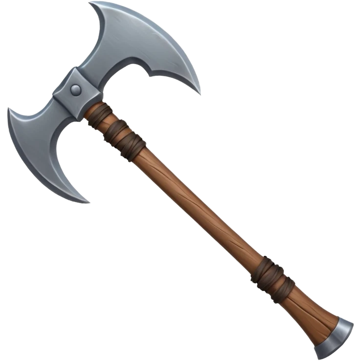 barbarian axe object icon, huge double-bladed axe, rough metal, wooden handle, leather wraps, fantasy style, 3D cartoon, mobile game icon style, centered, clean background, soft shadow, no text, no watermark
 emoji