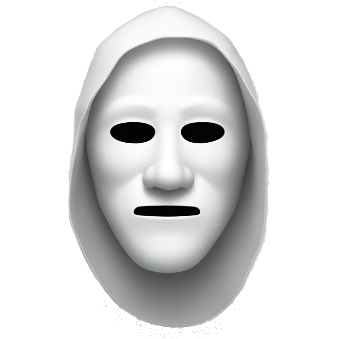 Man wearing white mask with black eyes and a line mouth emoji