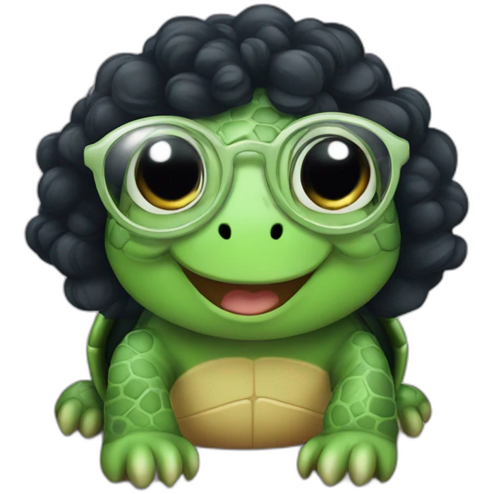 Cute Turtle with glasses and long black curly hair emoji