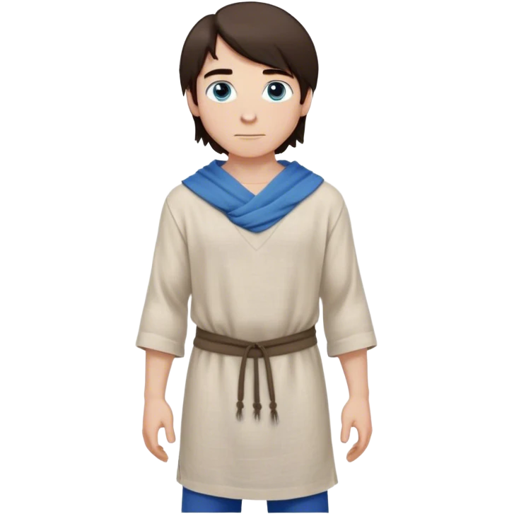 medieval spring outfit worn by a DnD themed fantasy male character. simple linen tunic with a drawstring neckline, paired with a lightweight wool shoulder wrap for mild breezes. clothes only above the waist. The clothes full waist. The character's haven't arms. character is white-skinned, dark brown hair, blue eyes, medium-length straight hair. emoji