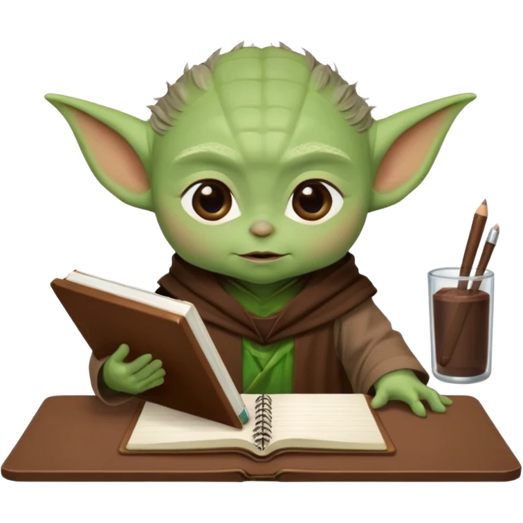 Baby Yoda con su tunica chocolate escribiendo en un cuaderno sobre un escritorio en un aula de clases emoji