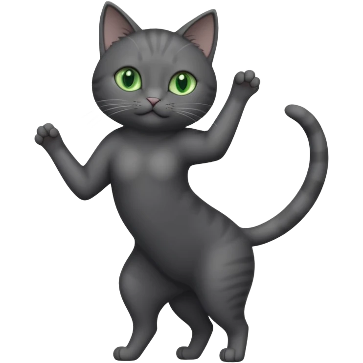 full body gorgeous solid dark grey cat with green eyes, white paws and white whiskers stretching emoji