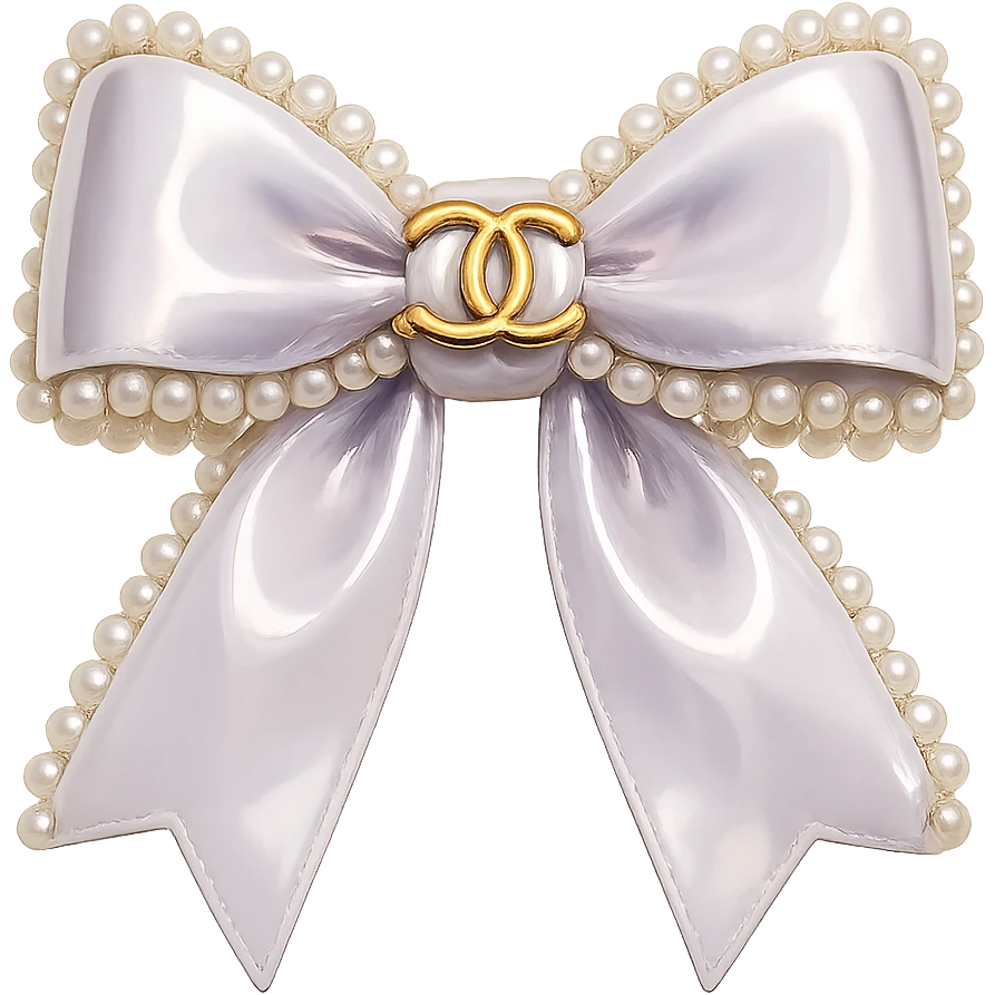 Remove the background, keep only the elegant bow with pearls and gold Chanel logo, glossy, pastel colors, realistic style, with no background. emoji