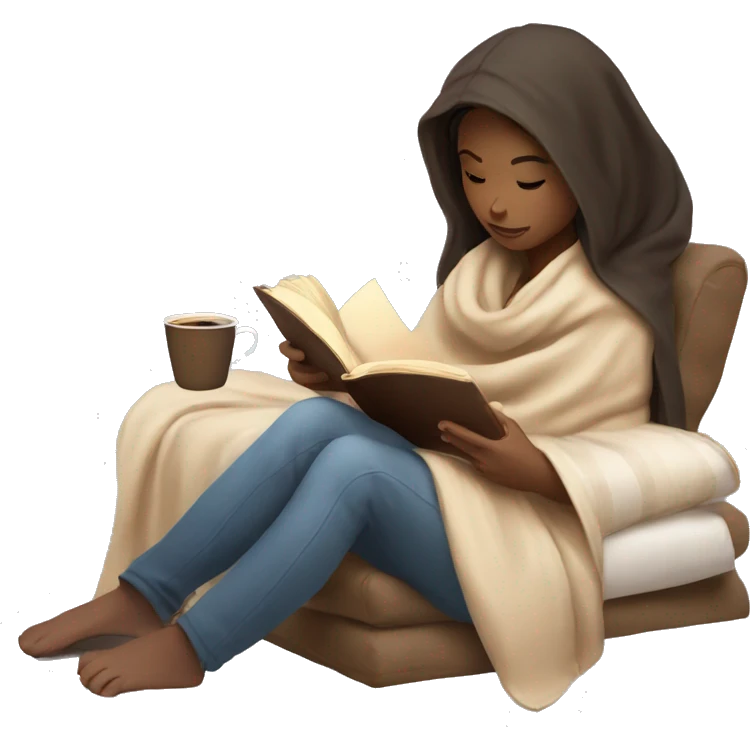 Girl reading a book under a blanket with coffee in her hands emoji