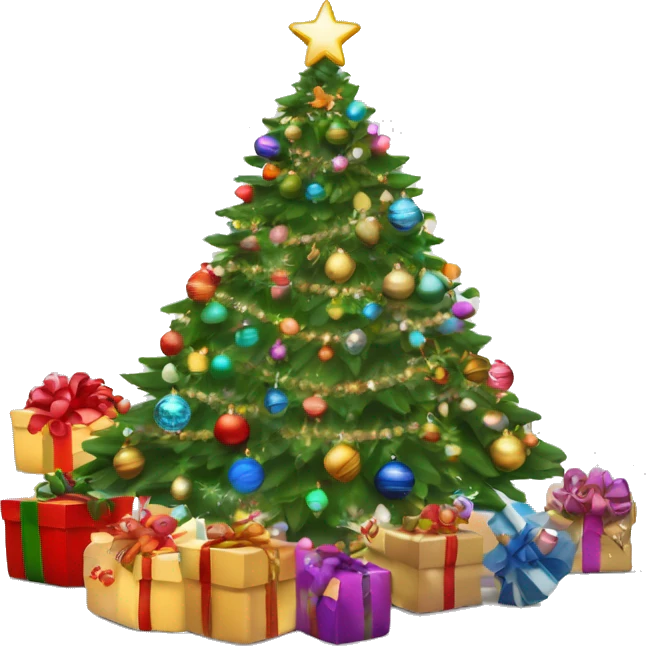 Christmas tree with lots of baubles and lights with lots of presents around the tree￼ emoji
