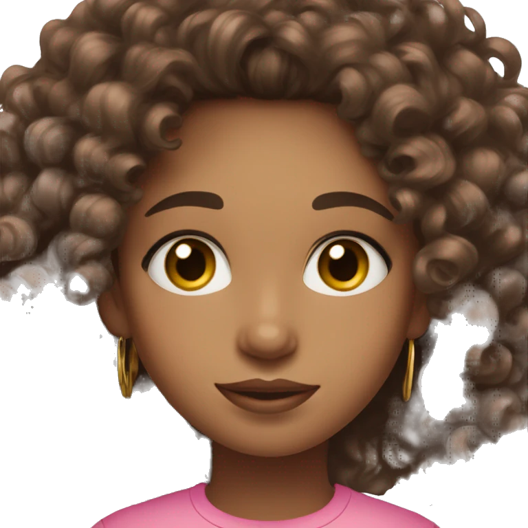 mixed girl, curly dark brown hair, pink shirt, brown eyes, gold hoop earrings emoji