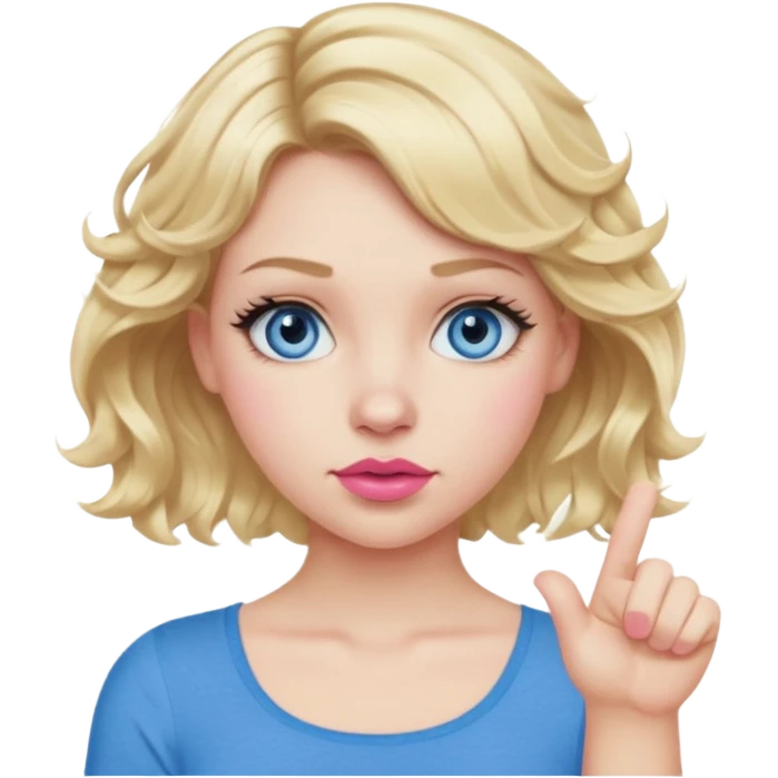 Girl Blonde short wavy hair,  blue eyes, cute blue top, long lashes, pink lips, thumbs down  emoji